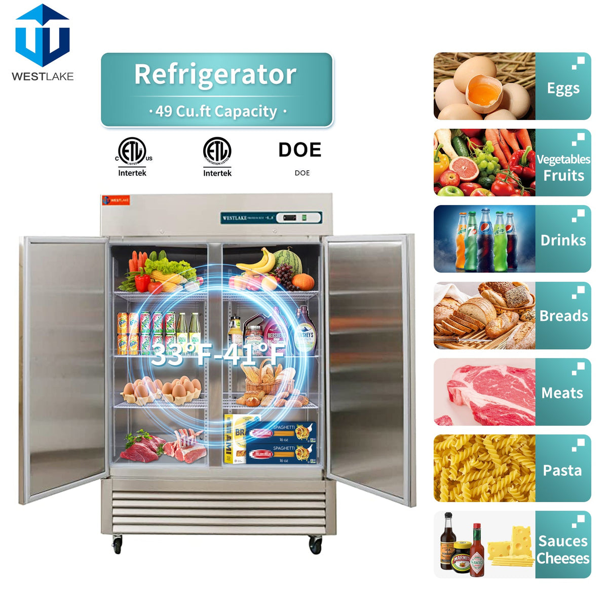 WESTLAKE Commercial Refrigerator 54" 2-Door 49 Cu.ft Stainless Steel | Embraco ETL NSF DOE Triple Certified Reach-In for Restaurant